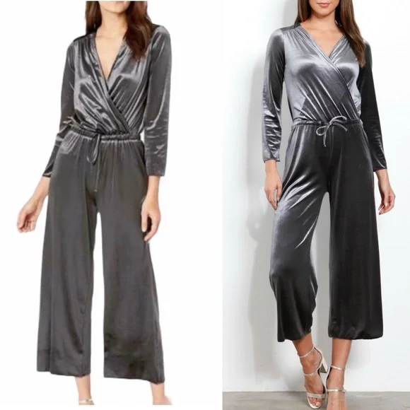 Three Dots Panne Stretch Velvet Cropped Jumpsuit Small - Picture 1 of 7